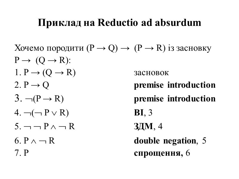 Приклад на Reductio ad absurdum Хочемо породити (P → Q) →  (P →